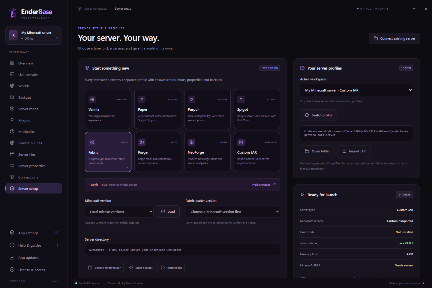 EnderBase’s black and purple server setup interface